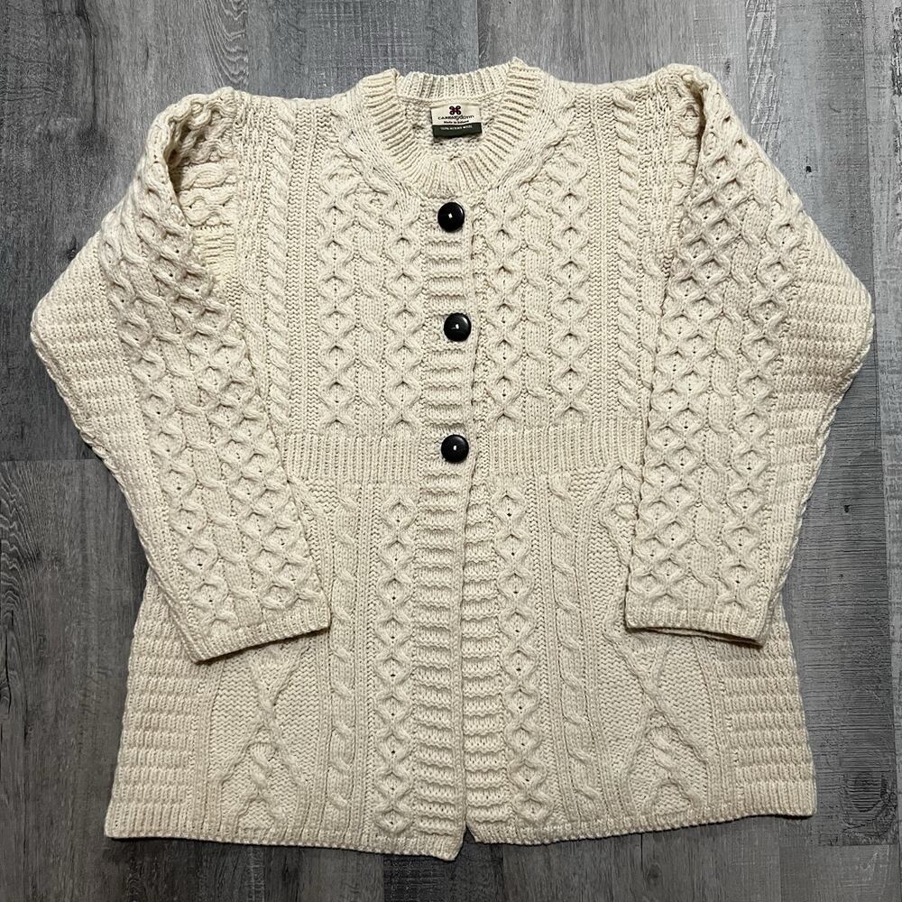 Vintage Carraig Donn Aran Cable Knit Cardigan Sweater Ivory Beige Irish Wool M/L